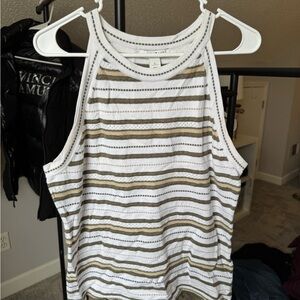 White House Black Market Knit White and Gold Striped Tank Top